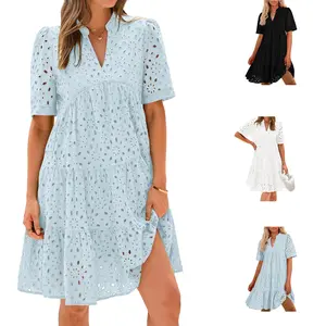 Yimoon Womens Summer Eyelet Babydoll Dress V Neck Short Sleeve Loose Fit Tiered Mini Dress Casual Beach Vacation Sundress