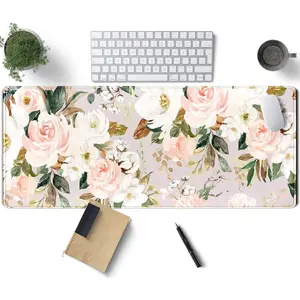 Pink Flowers Keyboard Pad PC Gaming Desk Mat Desk Mouse Pads Green Leaves Floral Mouse Pad Large, Computer XL Big Mousepad Deskpad Mat with Stitched Edge for Women Home Office Decor 24x14in