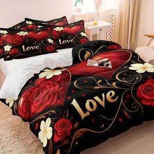 Black Gold Rose Heart Love Theme Duvet Cover Set with 1-2 Pillowcases, 3D Red Heart, Rose-Shaped Heart, White Plumeria & Golden Scrollwork, Soft Skin-Friendly, Vintage Luxurious Romantic Bedroom Decor, Gift Choice, Bedroom Bedding Set