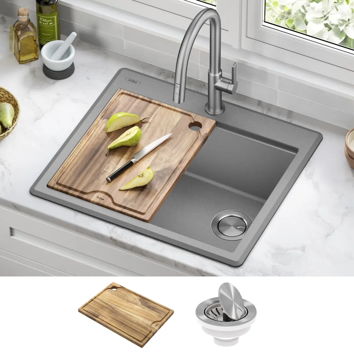 Kraus KGTW12-25MGR 25 in. Bellucci Granite Composite Workstation Drop-In Top Mount Single Bowl Kitchen Sink in with Accessories, Metallic Grey