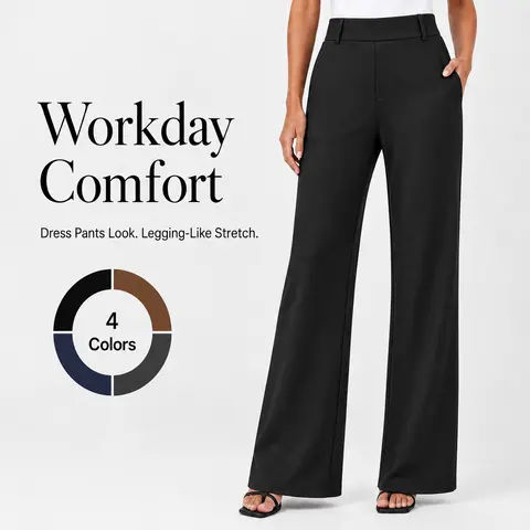FireSwan Women's High-Waisted Stretchy Basic Work Pants - Minimalist Office Style Pull-On Wide Leg Slacks with Pockets, Legging-Like Comfort for Corporate Attire, Office Work Clothes