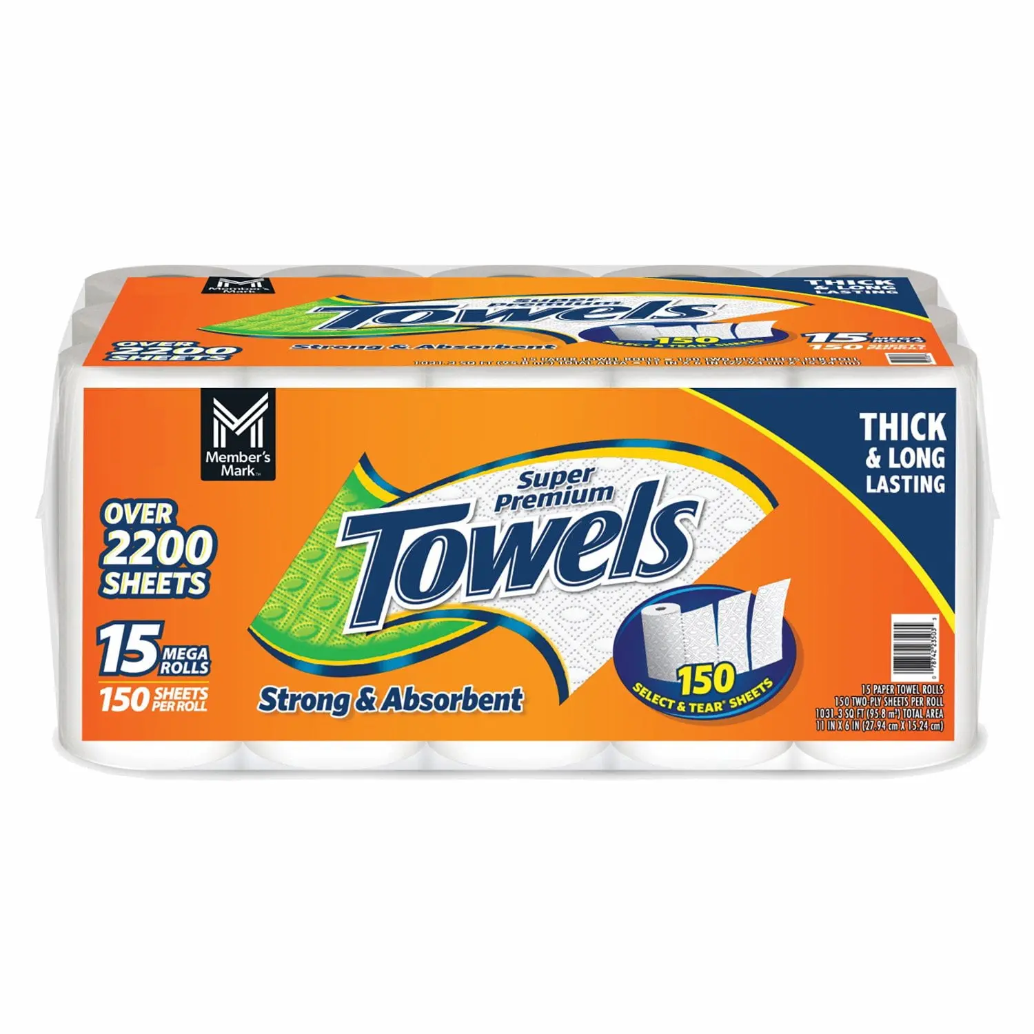 Pack of 3 Paper Towels 2-Ply– 15 Mega Rolls, 150 Sheets per Roll, Select & Tear Sheets, Strong and Absorbent, Bulk Pack for Kitchen, Office, Cleaning – Thick & Long Lasting, Lint-Free Disposable Towels
