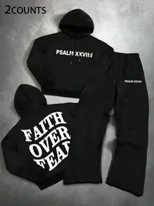 2-Piece Set Faith Over Fear Psalm 27:1 Pullover Hoodie, Sweatshirt Set, Bold Christian Apparel for #OOTD and #FitCheck on TikTok. Black matching set—scripture vibes to fight fear. Perfect for #ChristianFashion, #FaithOutfits