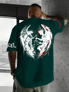 Men's Summer Trendy Casual Streetwear Angel Vs Demon Print Short Sleeve T-Shirt, Perfect for Daily, Subculture Parties, Music Festivals, Dark Style, Menswear