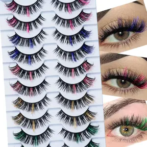 10 Pairs Colorful Mixed Dense Stem Cross False Eyelashes 6-14mm, Solid Style, Non-Flammable Liquid, No Ca Prop 65