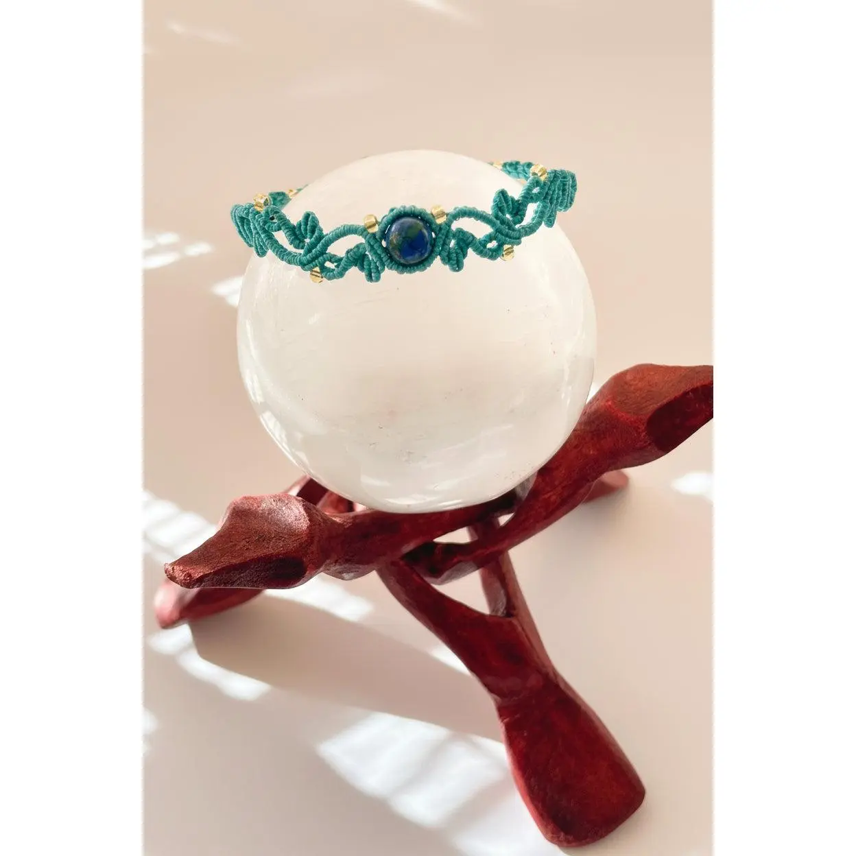 Teal Macrame Bracelet with Azurite Stone & Gold-Lined Seed Beads – Boho Vine Cuff