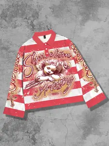 Men's Striped Polo Neck Long Sleeve T-Shirt, Angel Print Street Style, Spring & Fall Fashion, Unisex Wind Top, Streetwear