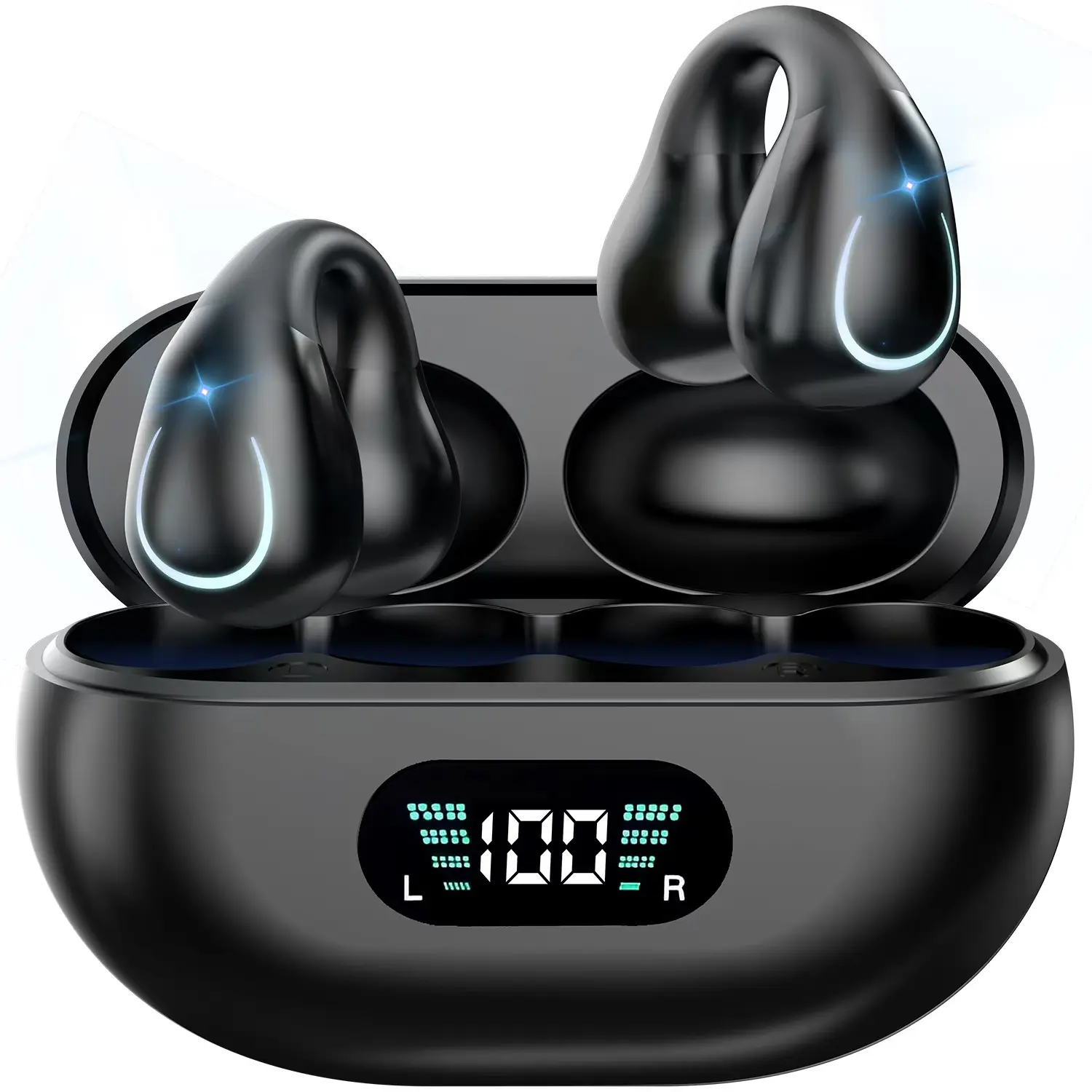 Open Ear Clip Bone Conduction Headset - Wireless Bluetooth 5.3 Chargeable Earbuds with 48hr Playback, Digital Display Charging Case, Waterproof Design for Mobile Fitness Running