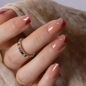 Luxury Red French Tip Press On Nails with Gold Glitter Accent, Square Shape Fake Nails, Reusable and Durable, Easy to Apply and Remove, Glossy Salon Finish, Elegant False Nails for Women, Perfect for Daily Wear, Parties, Weddings, and Special Occasions