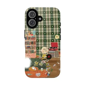 This Charlie Brown-themed phone case features a charming design with a gramophone, bookshelf, and Woodstock bird collage, making it a beautiful gift. It's compatible with iPhone 17-11 Pro Max/Plus and Samsung Galaxy S23-25 series phones.