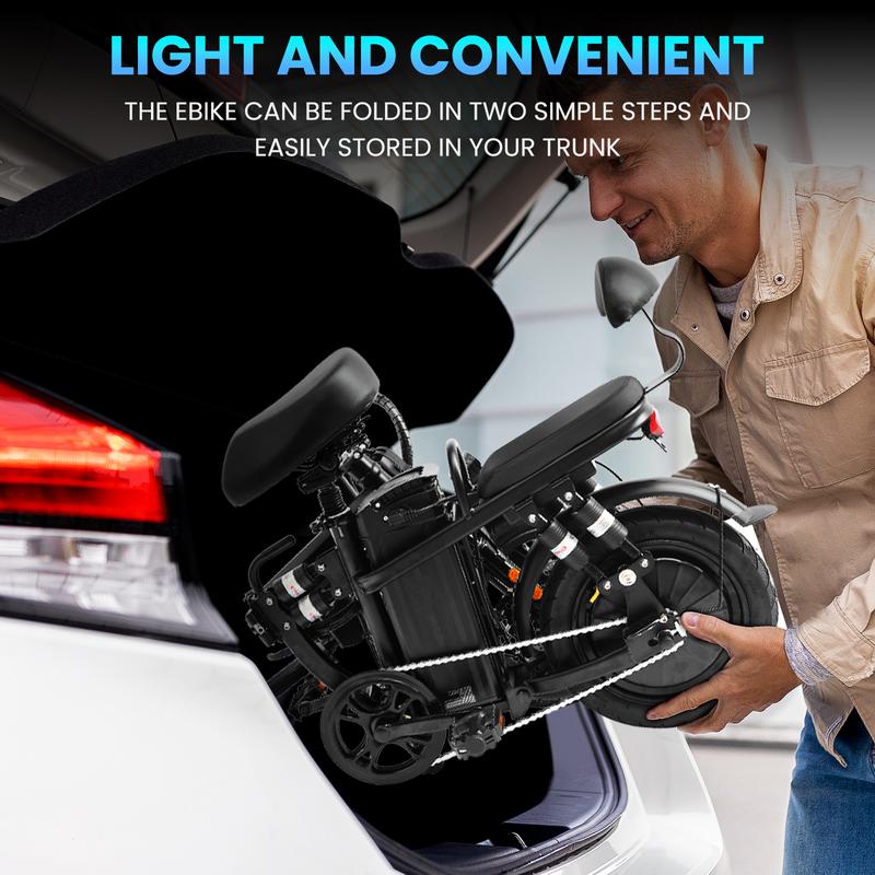 A9 Electric Bicycle 48V/16Ah Folding Bike for Adults, 14" Ebike Urban City, 10 Shock Absorptions, Cheap Affordable Time Trial Bike Handlebar Bag