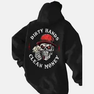 Men's Gothic Style "Dirty Hands Clean Money" Motorcycle Grim Reaper Pattern Hoodie - Black Loose Pullover, Money and Skull Pattern, Suitable for Motorcycle Riding and Casual Wear, Machine Washable, Drawstring Hood, Halloween
