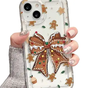 Gingerbread Man & Bow Christmas Phone Case for iPhone 11-17 Pro Max & Samsung S24/S23FE/22 Transparent TPU Waterproof Protective Cover with Colorful Flower Decorations