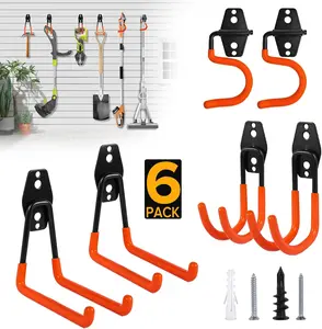 Hangable 6-Pack Heavy-Duty Steel Garage Hooks with 6 Rings, Wall-Mount Home Organizer Hanger for Tools, Paint Supplies
