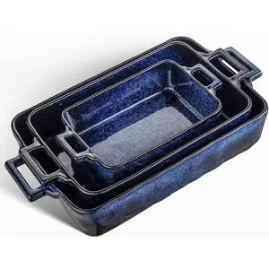 Ceramic Bakeware Set, Porcelain Rectangular Lasagna Pans Casserole Dish Set for Baking, Cooking, Kitchen, Cake Dinner, Banquet and Daily Use, 3 count, 15 x 8.5 Inches(Blue)