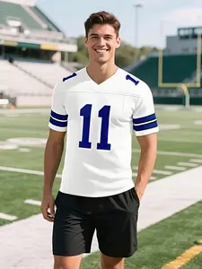 Rugby Short Sleeve Shirt Jersey Blue Number 11, Comfortable Sportswear, Perfect Gift Choice, Geometric Design, Fitted Style