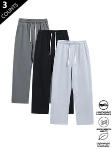 3-pack men’s straight-leg loose wide-leg pants; stylish street-style versatile casual drawstring joggers with a relaxed straight fit; knit versatile sweatpants suitable for spring, summer, and autumn.