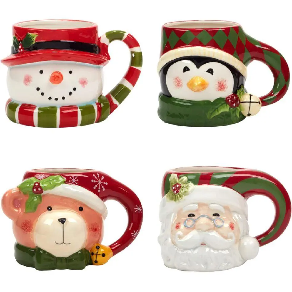 18oz Handpainted Earthenware Festive Mugs - 4-Piece Multicolor Creative Christmas Holiday Coffee Mug Set, Kitchenware Drinkware for Hot/Cold Drinks, Four Pieces, 5.625" X 4.25" X 4"