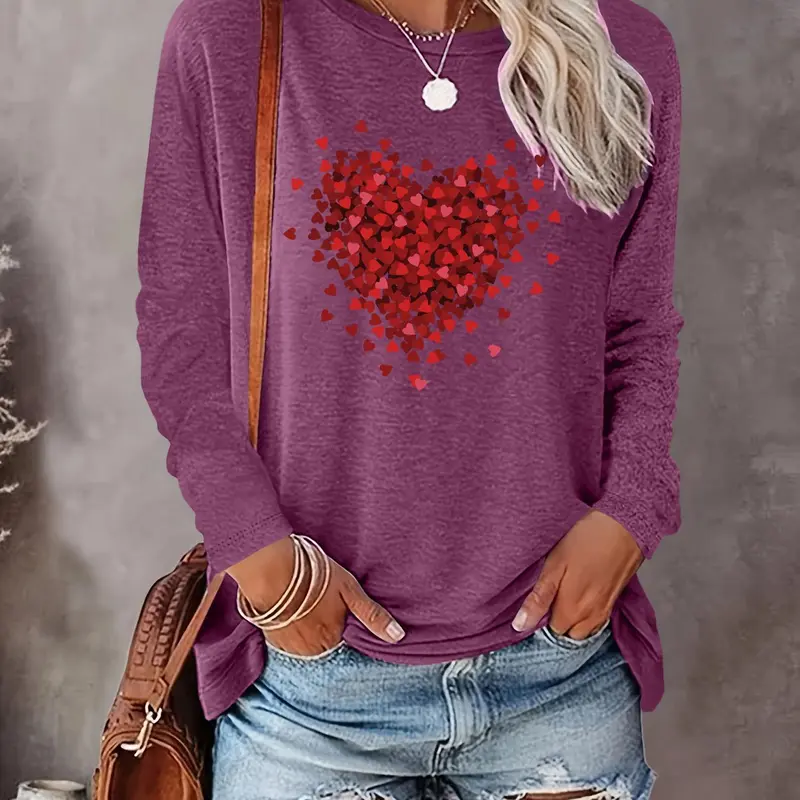 Women's Heart Print Round Neck Tee, Casual Long Sleeve Crew Neck T-shirt for Spring & Fall, Fashion Women's Top for Daily Wear