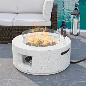HOMPUS Outdoor Propane Fire Pit, 40,000 BTU Round White Terrazzo Concrete Fire Table Gas Fire Pit with Wind Guard, Lava Rocks and Rain Cover