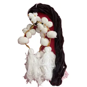 Traditional Soft Nepali Laccha Dori Hairpiece - Bridal Updo Hair Accessory, Adorned with White Pom Poms, Gold Beads