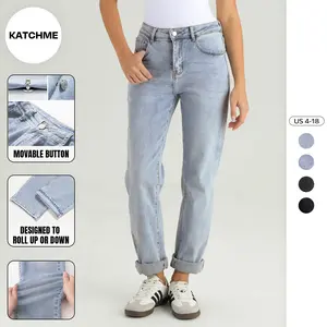 KatchMe Women's Street Mid-Rise Tapered Jeans, Cozy Going Out Outfit for Lady, Chic Women's Bottom, Minimalist Stretchy Denim Trousers, Street Womenswear (2)