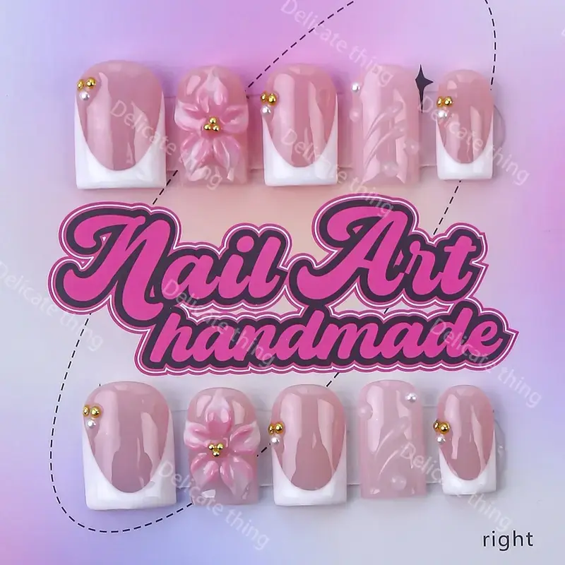 Y2K Style Nail Set, Handmade Square Duckbill Nails, 4 Sizes XS S M L, Perfect Gift for Girls, Includes Jelly Glue Crystal Stick, Handmade Press Ons
