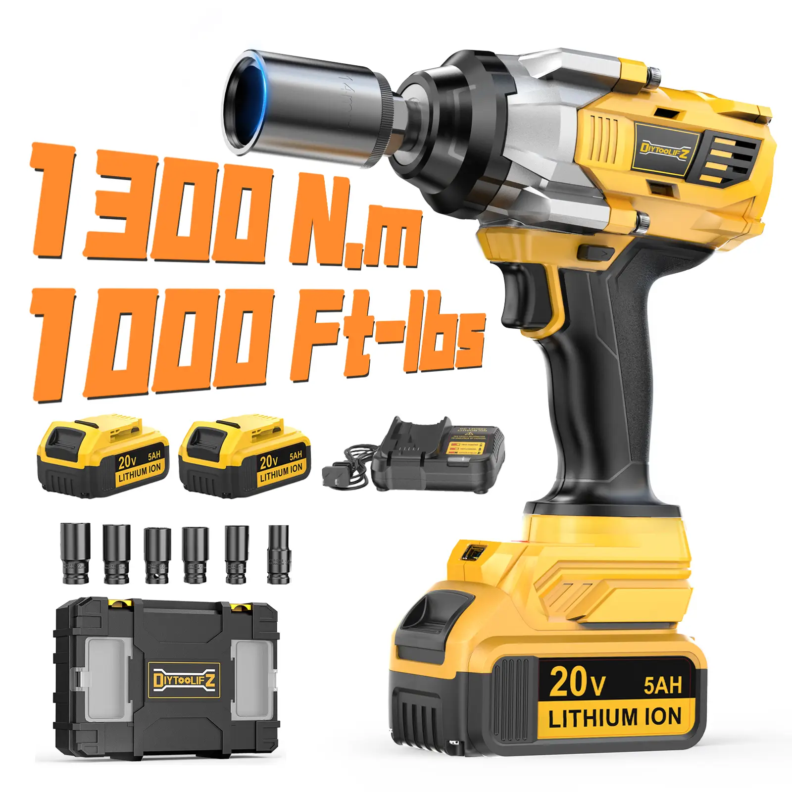 1000FT-LBS (1300N.m) Cordless Impact Wrench 1/2" for Dewalt 20V Battery, Brushless Impact Gun with 2x5.0Ah Battery & 6 Sockets, 2100RPM for Car &Truck