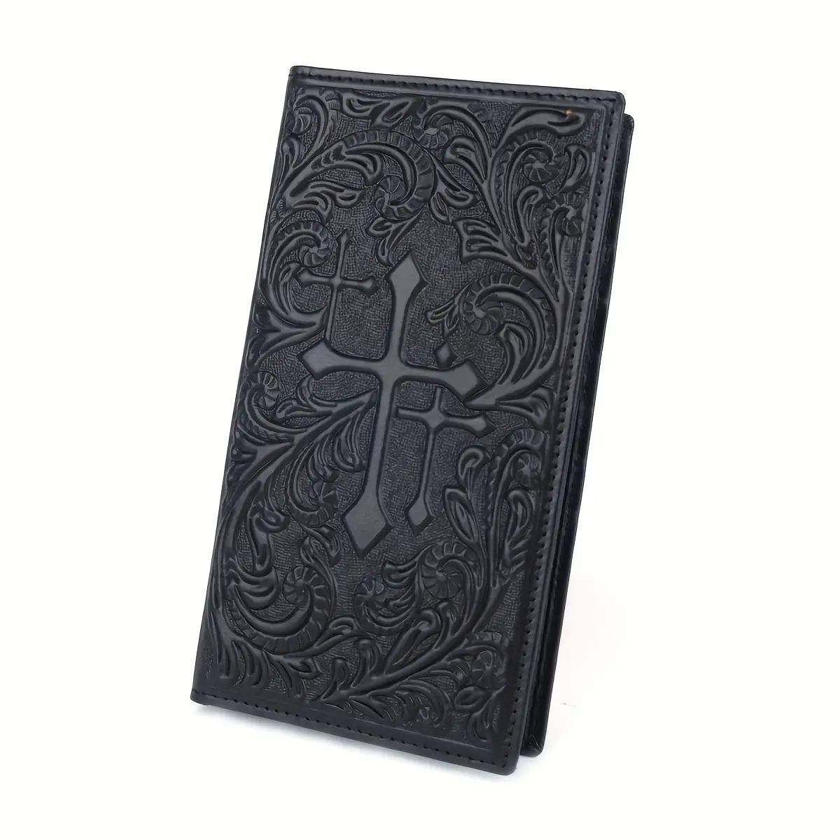 Vintage Men's Floral Embossed Genuine Leather Wallet Western Cross Full Grain Slim Long Bifold Checkbook Credit Card Holder With Multi Card Slots, Ideal Gift For Men