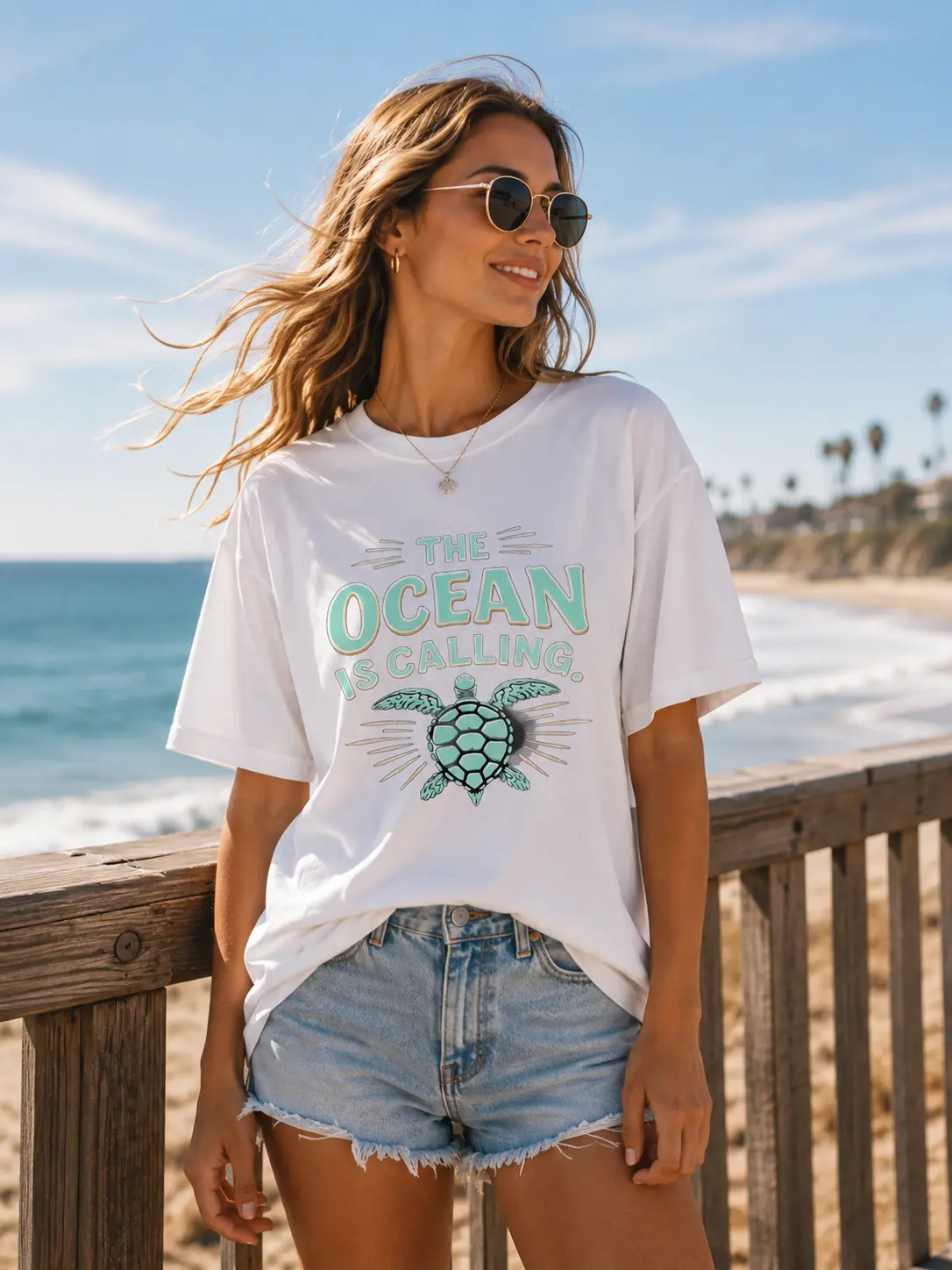 Women's Oversized Short-Sleeve Round Neck Graphic T-Shirt - Hawaiian Beachwear Lady Top, Turquoise Sea Turtle & Ocean Wave Print, Women's Clothes for Hawaii Vacation & Casual Attire