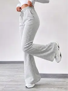 Women's Light Gray Drawstring Waist Flared Wide Leg Sweatpants Casual Side Pocket Lounge Pants