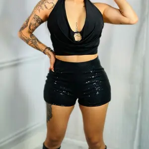 Sequin High Waisted Shorts - Black, Above the Knee, Plain Design, Summer Wear, Comfortable Fit