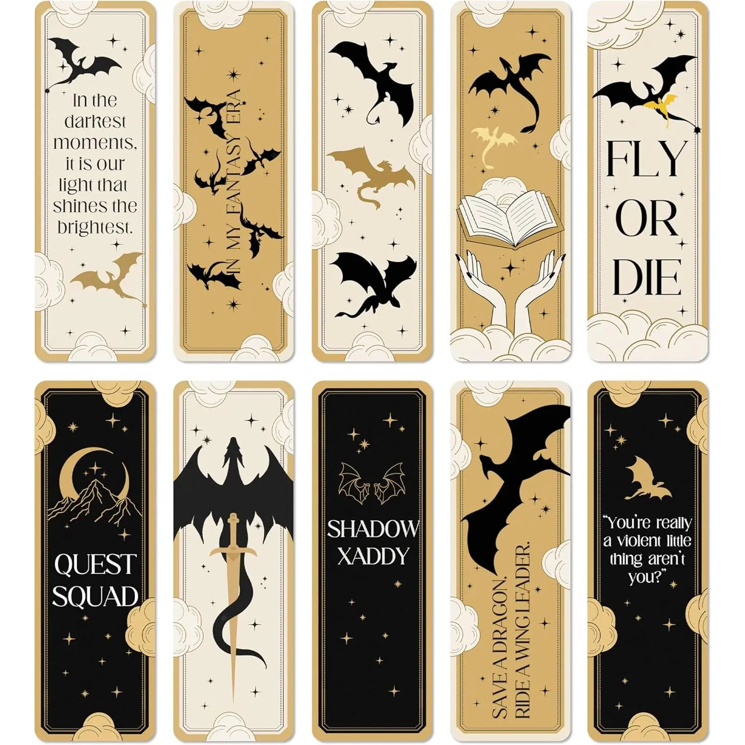 10-Count 4th Wing Inspired Dragon Page Markers, 6x2 In - 700 GSM Thick Cardboard, 1 mm Mystical Bookmarks with Multiple Designs & Oval Edge, Office Stationery for Women, Book Lover Gifts