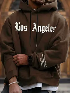 Men's Letter Print Fleece Lined Casual Hoodie Pullover Long Sleeve Sweatshirt, Fall & Winter Fashion, Comfortable Fit