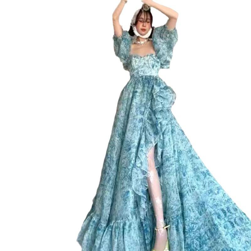 Puff Sleeve Dress French Style Puffy Dress Irregular Ruffle Princess Fairy Forest Floral Dress Birthday Gown