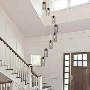 Garwarm Caged High Ceiling Chandelier, Black 114" High Foyer Chandeliers, 8 Lights Farmhouse Long Chandelier Lantern Industrial Pendant Light for Entryway, Staircase, Living Room Modern Lamp