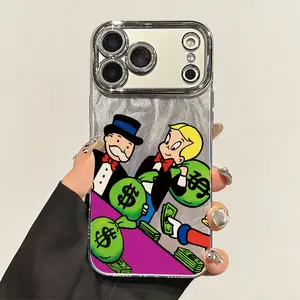 Money Bags Cartoon Pattern Phone Case for iPhone 17 Pro Max 17Air 16 Plus 15 14 13 12 11 Fashionable Silver Brushed Texture Shockproof Protective Casing Cover
