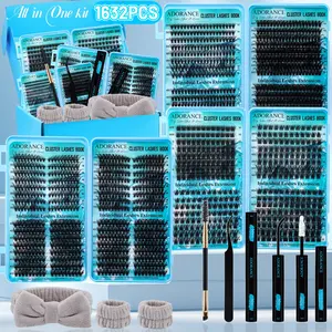 ADORANCE Lash Clusters Kit 1632pcs D Curl, Curling Lashes Natural Volume Individual Eyelashes Kit, DIY Lash Extensions at Home, Includes Bond and Seal Remover, Double-Ended Brush, Headband, Beginner Friendly, Wispy Fluffy Cluster Lashes for Everyday M