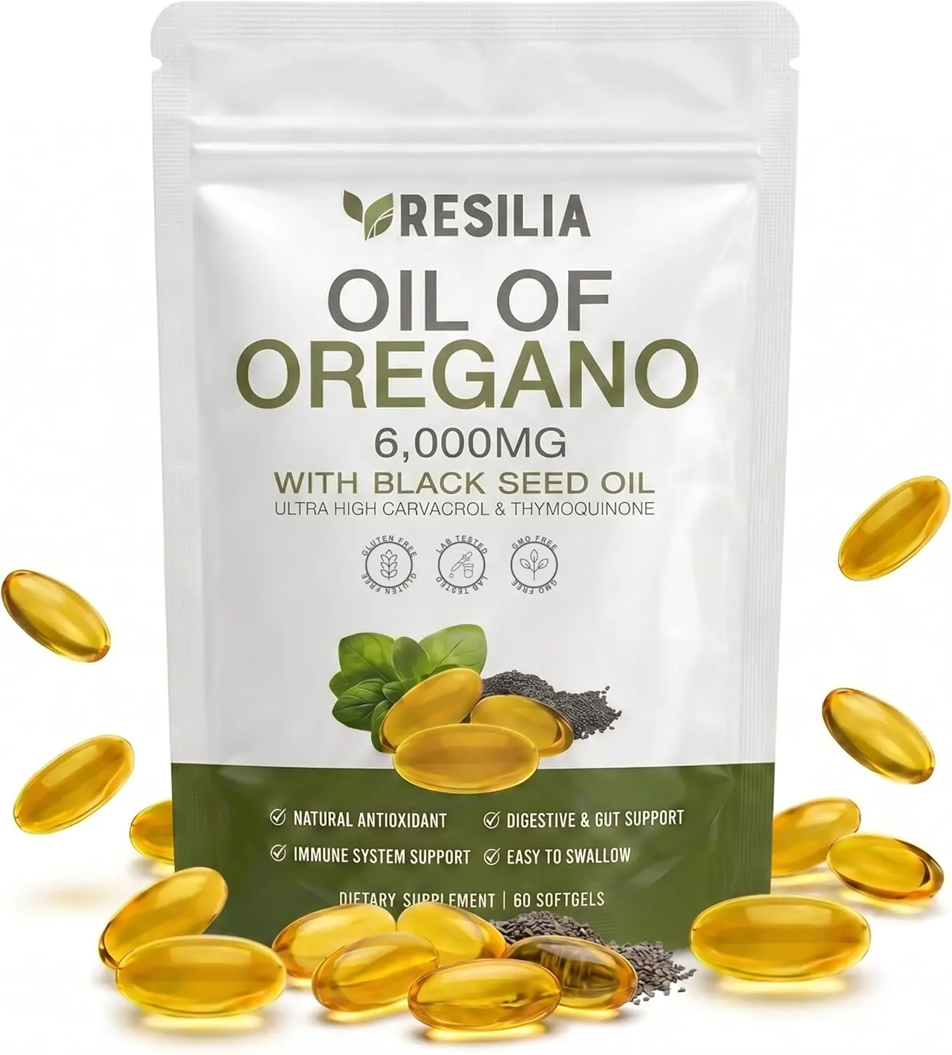 Softgels with Black Seed Oil 6000mg – Organic Oregano Oil Capsules for Immune & Digestive Support – Non-GMO, Gluten-Free Softgels – Natural Herbal Wellness Supplement (60 Count)