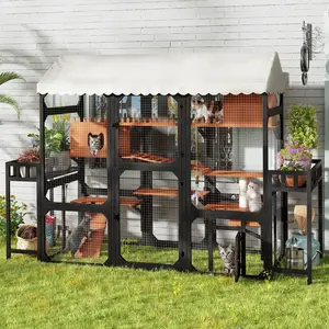 DOMISO Large Outdoor Cat Enclosure Wooden Catio with 2 Plant Stands, Large Walk-In Cat Enclosure with Tarp Roof, Multi-Level Cat Playpen with Weather-Resistant Roof, Resting Box, Climbing Ramps & Wire Mesh for Backyard Patio