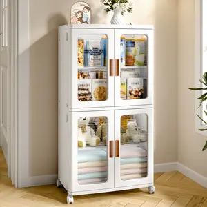 VECELO 2-Tier Stackable Storage Bin with Doors and Adjustable Shelves Rolling Plastic Folding Storage Cabinet Collapsible Closet for Home  Dorms Organizer