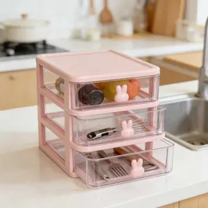Household multi-functional drawer organizer with a layered structure, transparent drawers for dust and moisture prevention, cute-style handle design, suitable for desks and dressing tables.