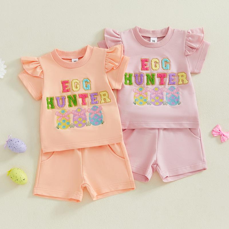 Toddler Baby Girl Easter Outfits Letter Embroidery Crew Neck Short Sleeve T-Shirt with Shorts 2 Pcs Set for Spring& Summer