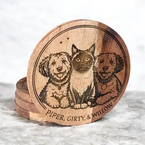 Custom Pet Portrait Engraved Acacia Wood Coasters | Personalized Dog, Cat, Horse & Farm Animal Coaster Set Coaster Tableware Wooden