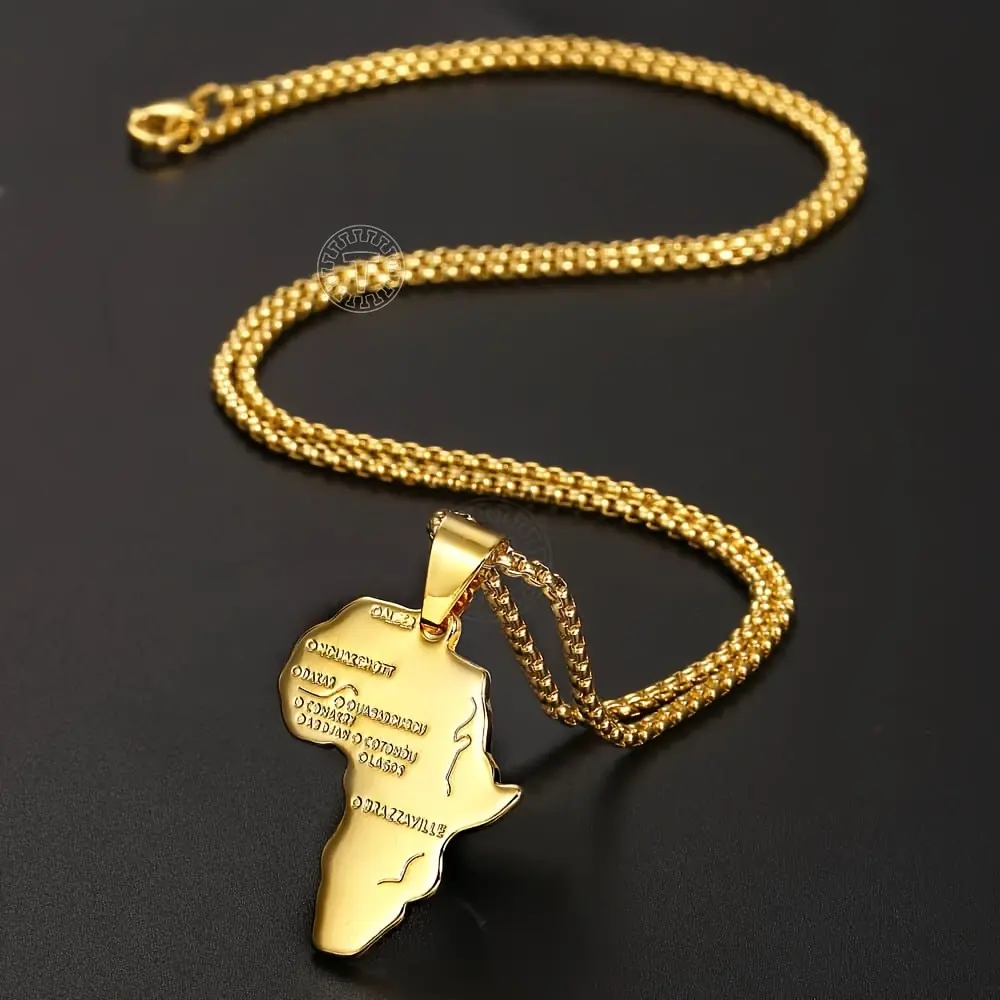 Africa Map Shape Pendant Necklace For Men Women Golden Box Link Chain Necklace Fashion Jewelry