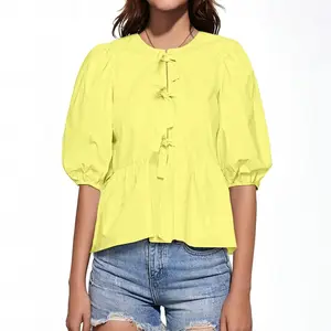 Tankaneo Womens Tie Front Tops Summer Peplum Babydoll Puff Short Sleeve Blouse Cute Cotton Shirts