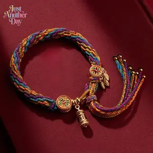 Tibetan Style Colorful Braided Cotton Bracelet, Ethnic Handmade Woven Rope with Prayer Wheel Charm, Lucky Tassel Bangle for DIY Jewelry Making