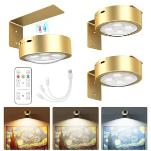 Brightown Picture Lights for Wall,Rechargeable Battery Operated Painting Light Magnetic Art Display Light with Remote, Puck Lights, Dimmable & Timer Art Lighting for Paintings Wireless,Gold, Christmas Gifts Ideas