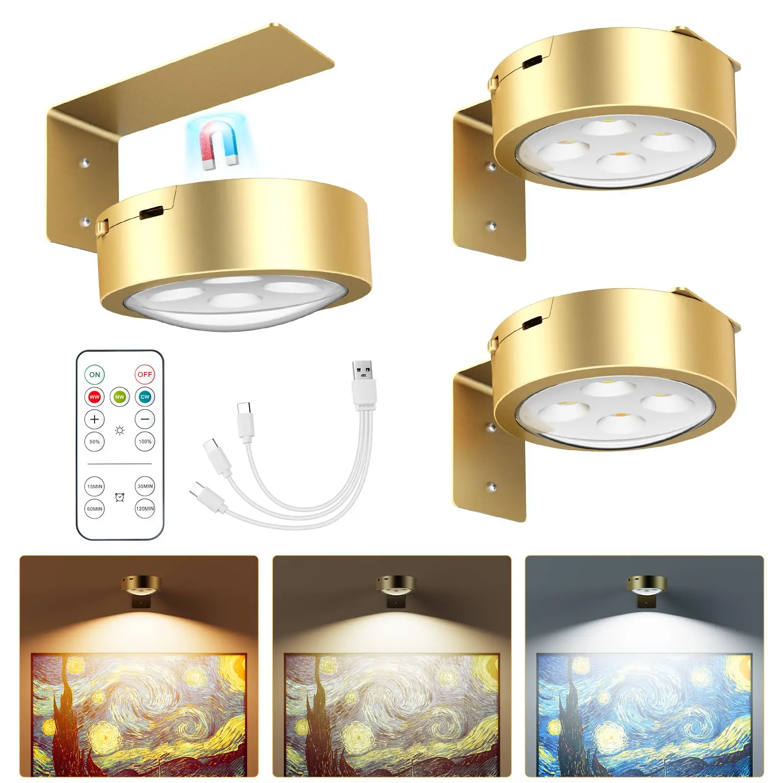 Brightown Picture Lights for Wall,Rechargeable Battery Operated Painting Light Magnetic Art Display Light with Remote, Puck Lights, Dimmable & Timer A