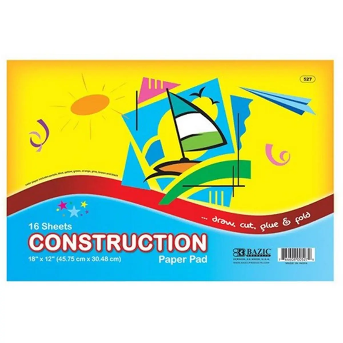 Bazic Construction Paper Pad - 16 Ct, 18x12 in, 0.15748" H X 12" W X 17.99213" L, 0.525 lbs, Low Cost, Case of 48, School Study Supplies, Office Stationery